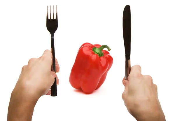 Elinde Çatal Bıçak Kırmızı Biber Yemek — Stok fotoğraf