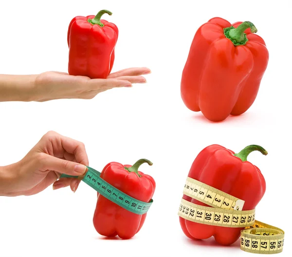 红辣椒和测量磁带的四个图片的拼贴画 — 图库照片