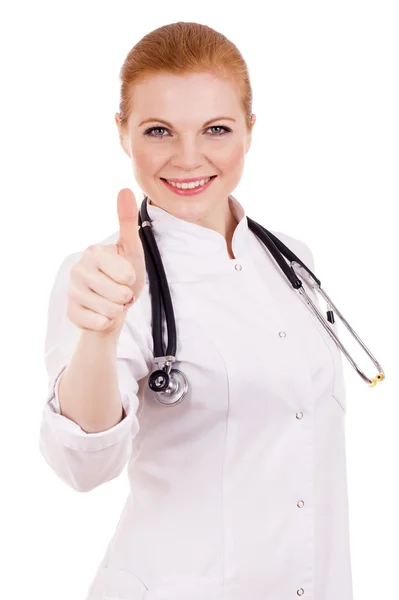 Smiling Female Doctor Showing Thumb — Stock Photo, Image
