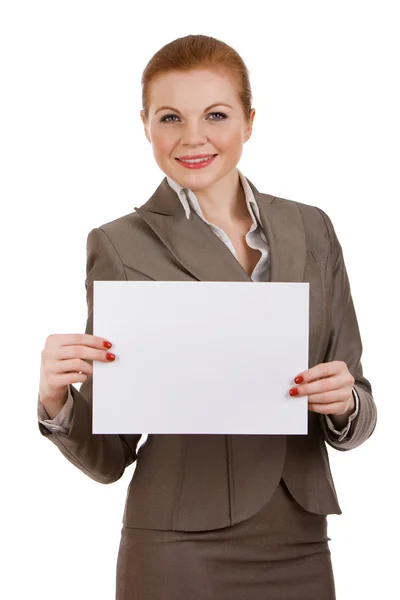 Young Successful Business Woman Holding Blank Sign — Stock Photo, Image
