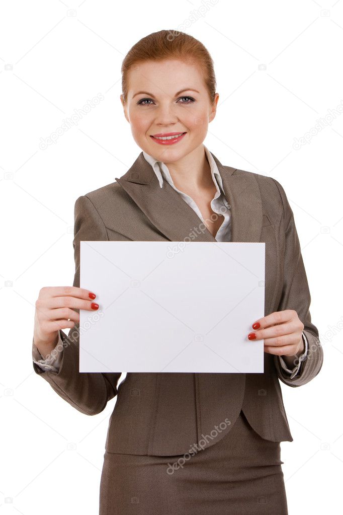 Young successful business woman holding blank sign.