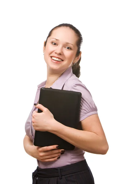 Mujer joven sosteniendo portátil — Foto de Stock