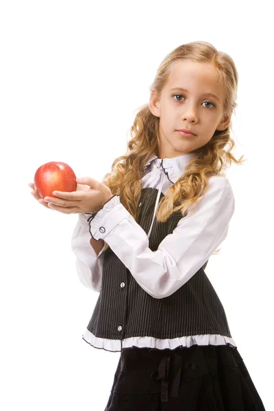 Νεαρό κορίτσι εκμετάλλευση κόκκινο μήλο — Φωτογραφία Αρχείου