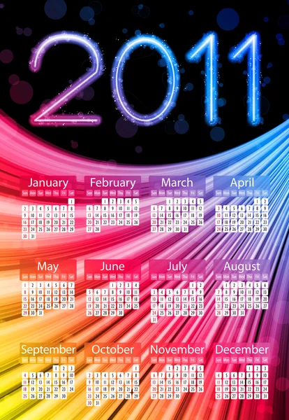 黑色背景上的多彩 2011 年日历。彩虹的颜色 — 图库矢量图片