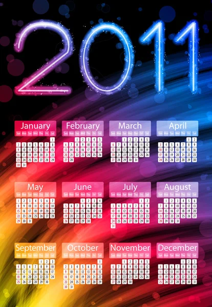 Färgglada 2011 kalender på svart bakgrund. regnbågens färger — Stock vektor