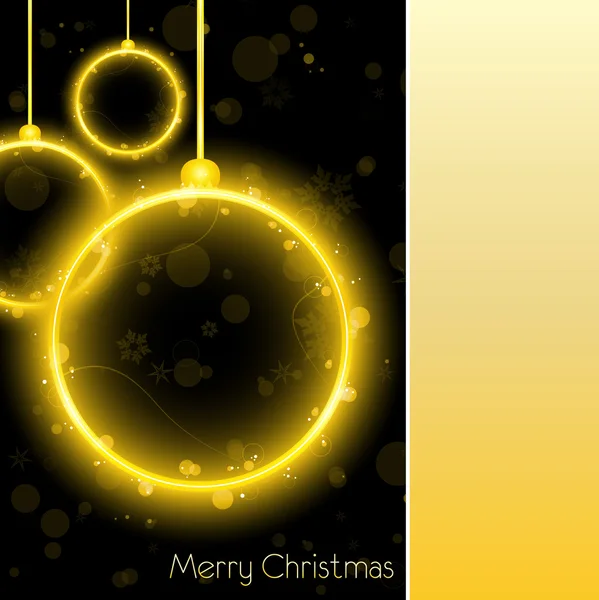 Goldene neonfarbene Weihnachtskugelkarte auf schwarzem Hintergrund — Stockvektor