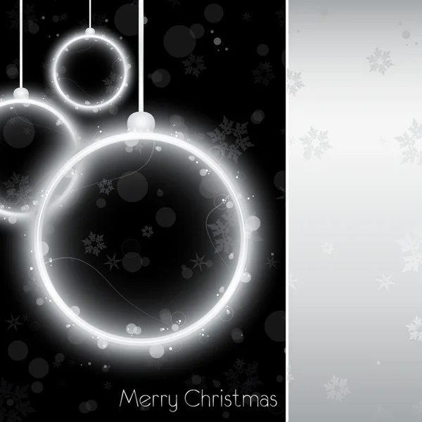 Silberne neon Weihnachtskugelkarte auf schwarzem Hintergrund — Stockvektor