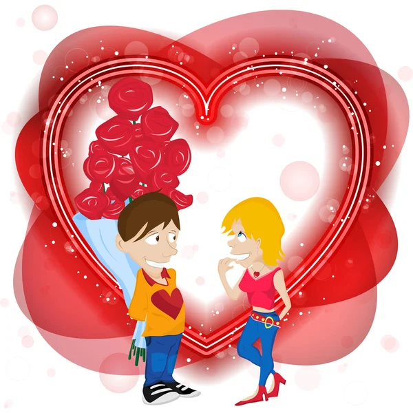 Młoda para w miłości z kwiatami. szczęśliwy valentine — Wektor stockowy