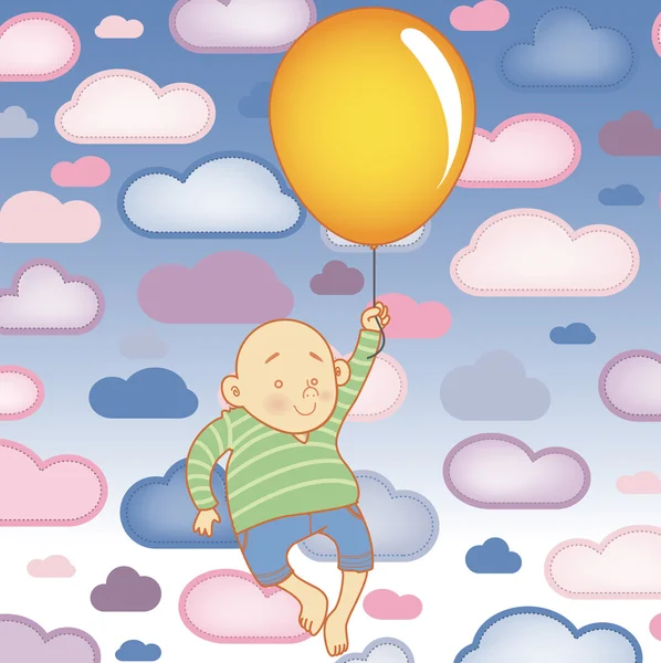 年轻的孩子男孩与气球与云朵背景 — 图库矢量图片