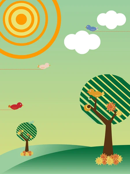 Paysage rétro avec arbres et oiseaux Saison Printemps — Image vectorielle