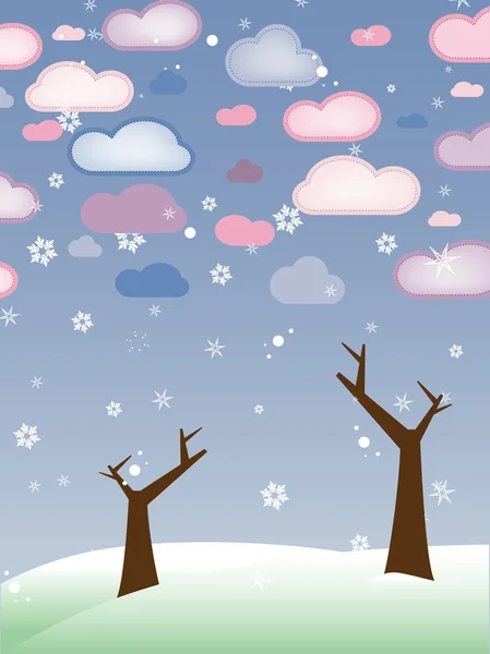 Vektor Retro Snöiga Landskap Med Avlövade Träd Säsong Vinter — Stock vektor
