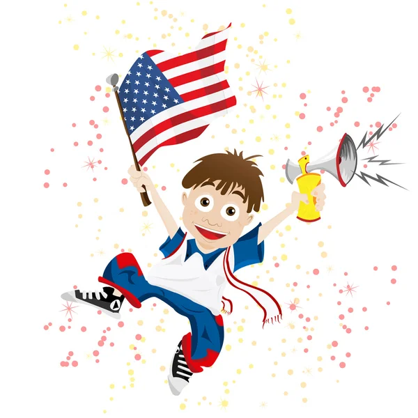 Ventilateur de sport avec drapeau et corne des États-Unis — Image vectorielle