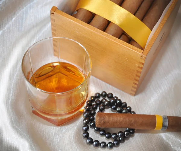 stock image Cigars, cognac and pearls