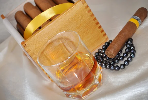 stock image Cigars, cognac and pearls.