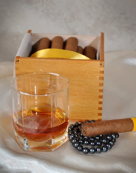 stock image Cigars, cognac and pearls