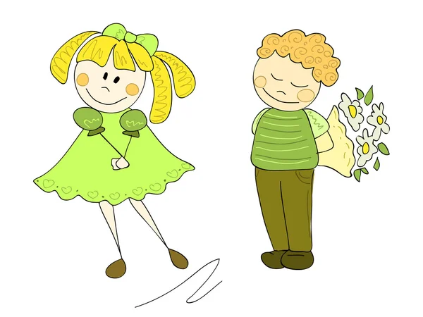 Κορίτσι Και Αγόρι Ένα Μπουκέτο Λουλούδια — Διανυσματικό Αρχείο