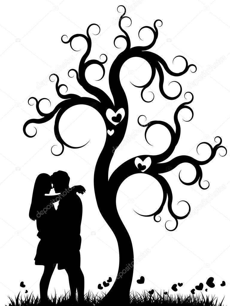 Silhouette of a couple kissing under a tree