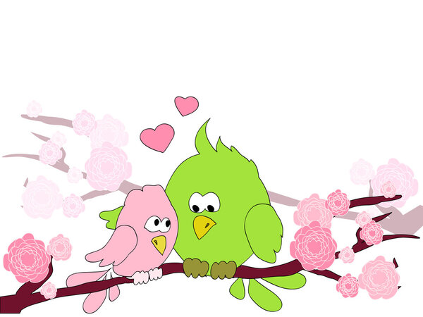 Lovers birdies on flowering branches