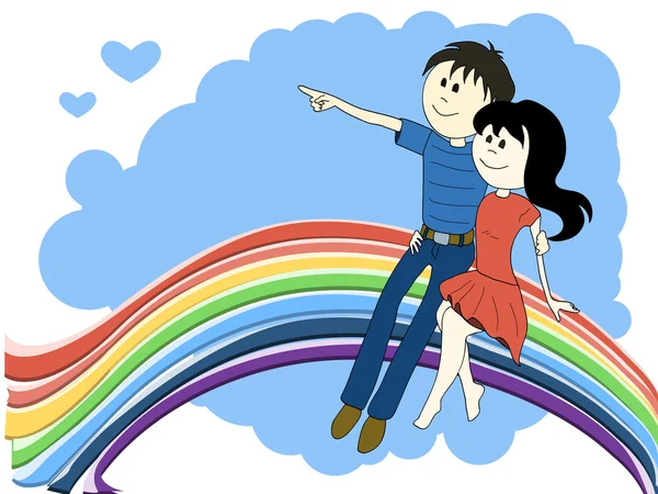 Couple Dessin Animé Assis Sur Arc Ciel — Image vectorielle
