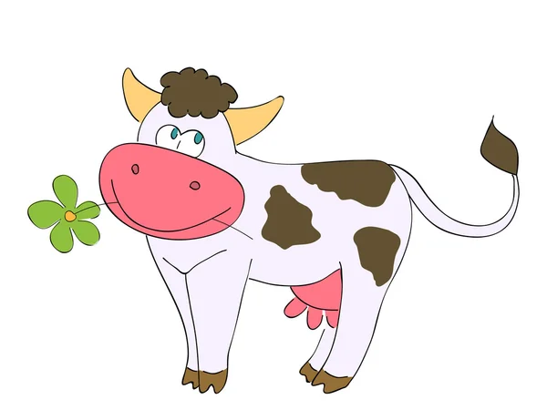 Śmieszne Kreskówka Krowa Przeżuwa Kwiat — Wektor stockowy