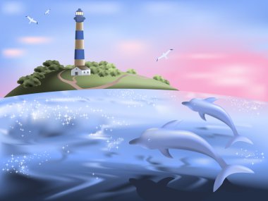 Seascape with dolphins at sunrise clipart