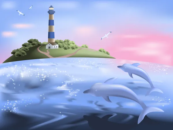 Морський Пейзаж Дельфінами Сході Сонця — стоковий вектор