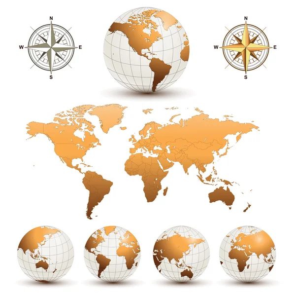 Globos de la Tierra con mapa mundial — Vector de stock