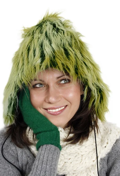 Beautiful Woman Fur Cap Gloves Scarf — Stock Photo, Image