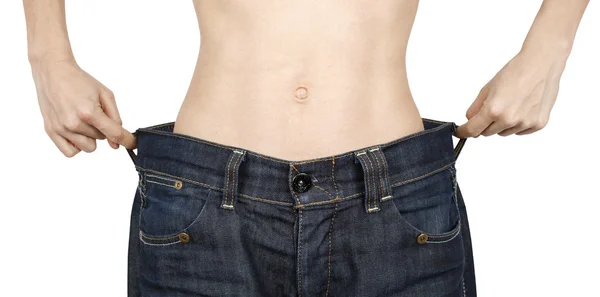 Slim Woman Big Jeans Isolated White Background — Stock Photo, Image