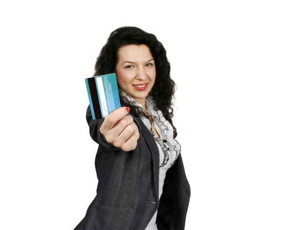 Femme heureuse avec carte de crédit — Photo