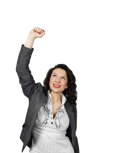 Mujer joven celebrando una victoria empresarial — Foto de Stock