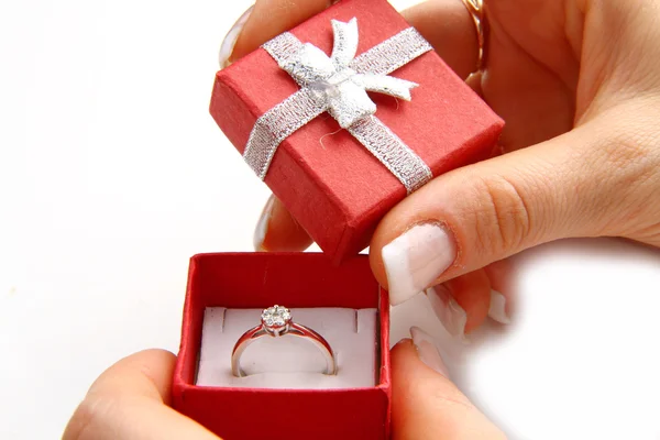Gold diamond ring in a red box — Stock Photo, Image