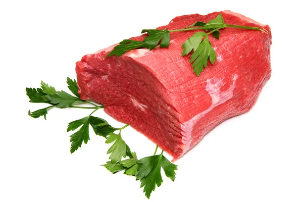 Hatalmas vörös hús darab elszigetelt fehér háttér felett — Stock Fotó