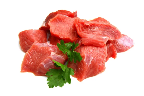Kockában szeletelt nyers friss hús — Stock Fotó