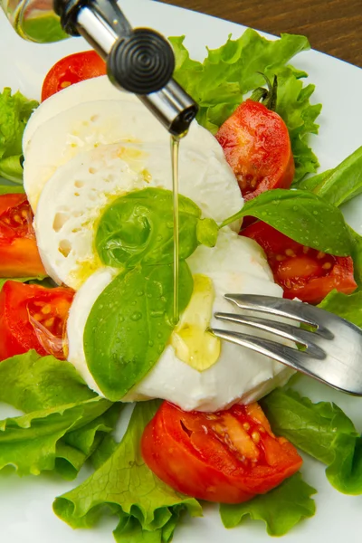 Mozzarella with tomtoes and basil — Stock Photo, Image
