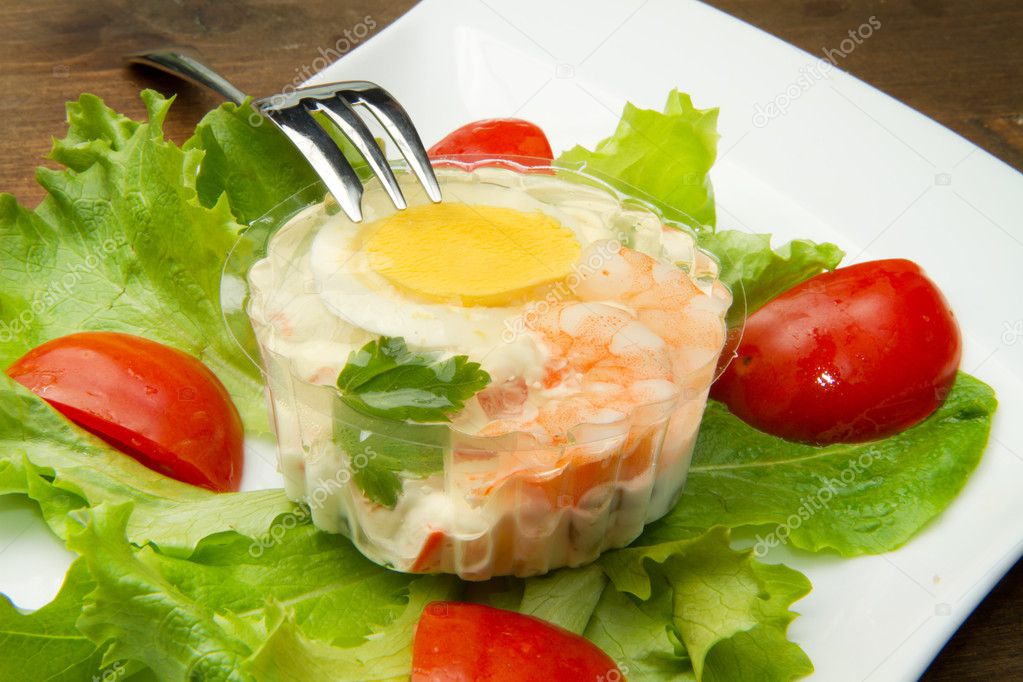Aspic with shrimps and egg
