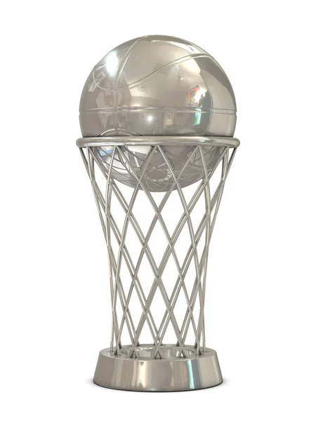 Trofeo de premio de baloncesto de plata con pelota y red —  Fotos de Stock