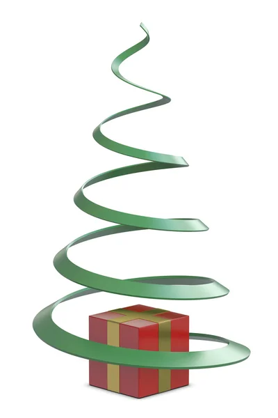 Červené dárkové krabice a zelený vánoční strom — Stock fotografie