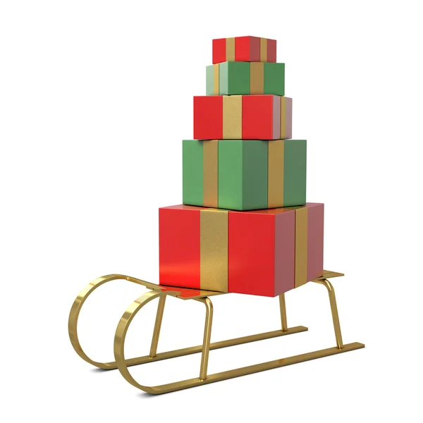 Golden sled with red and green gift boxes — Stock Photo, Image