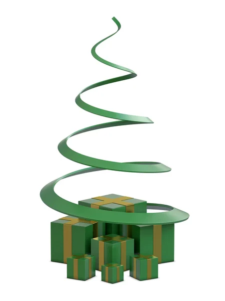 Grüne Geschenkboxen und grüner Weihnachtsbaum — Stockfoto