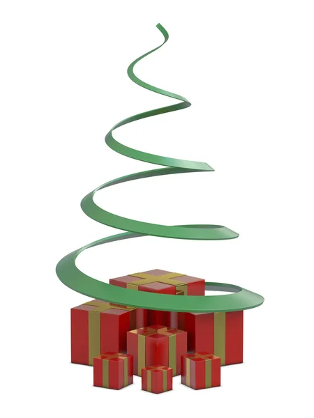 Rote Geschenkboxen und grüner Weihnachtsbaum — Stockfoto