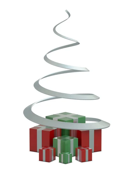 Červené a zelené dárkové krabičky a stříbrné vánoční stromeček — Stock fotografie