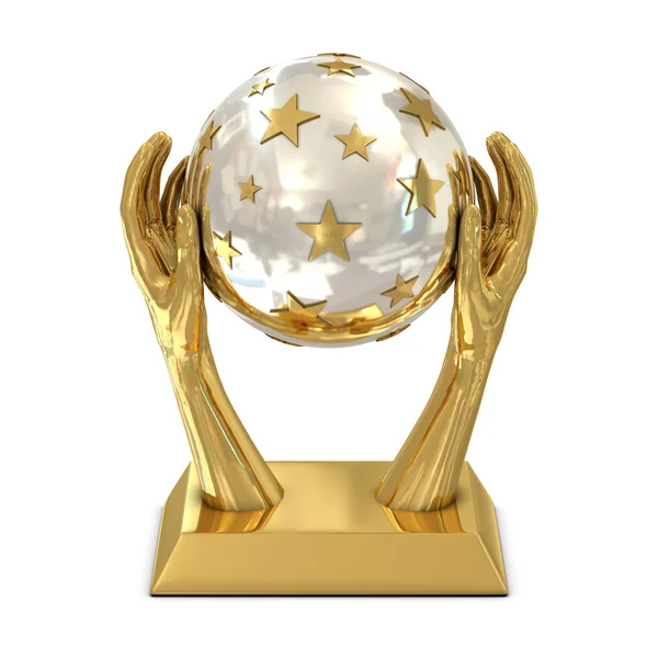 Gouden award trofee met sterretjes en zwarte handen — Stockfoto