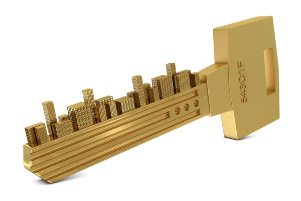 Schlüssel mit Gebäuden golden — Stockfoto