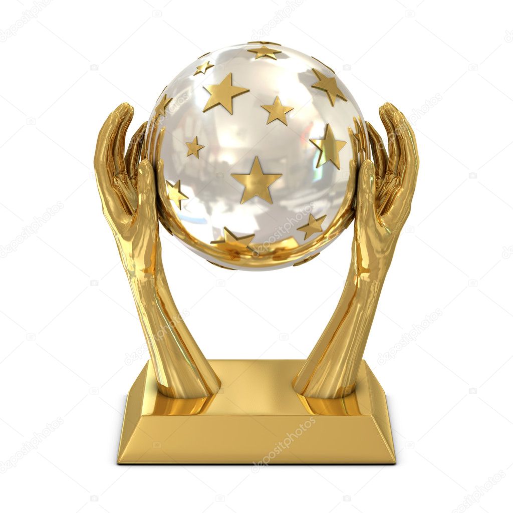 Golden award trophy with stars and hands