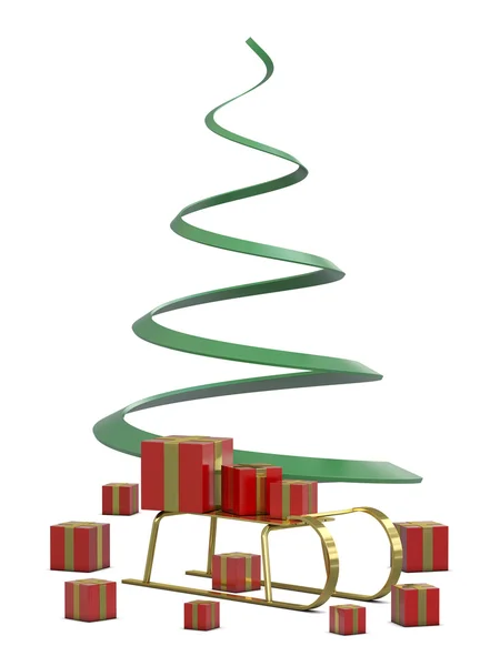 Goldener Schlitten, rote Geschenkschachteln und grüner Weihnachtsbaum — Stockfoto