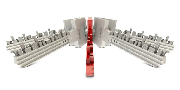 Röda och vita tangenter med byggnader — Stockfoto