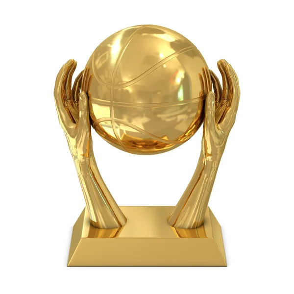 Trophée d'or avec étoiles, mains et ballon de basket — Photo