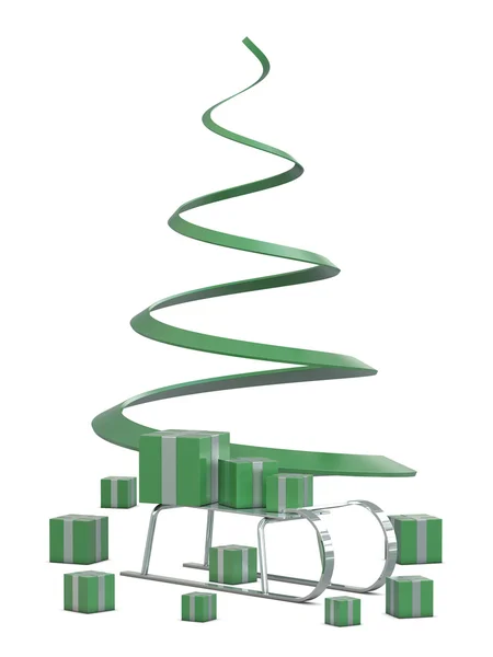 Silberner Schlitten, grüne Geschenkboxen und grüner Weihnachtsbaum — Stockfoto