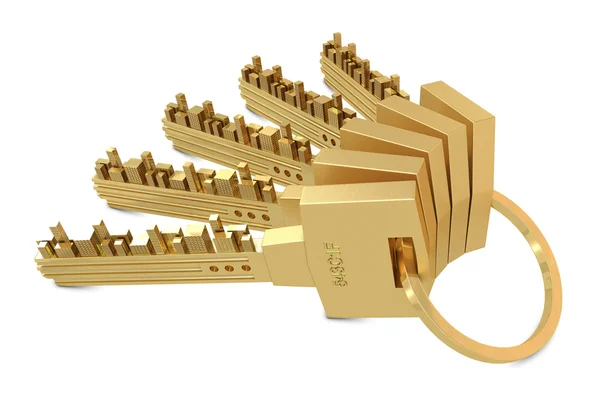 Goldene Schlüssel mit Gebäuden — Stockfoto